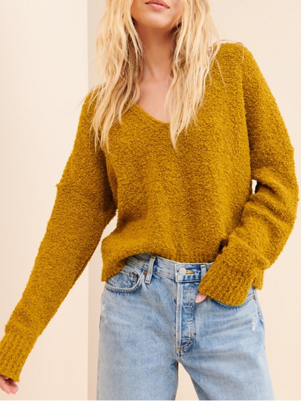 Free People Finders Keepers V-Neck Sweater Size Medium Green Yellow